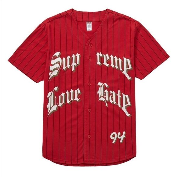RARE 2019 Supreme Love Hate Red Baseball Jersey Shirt
